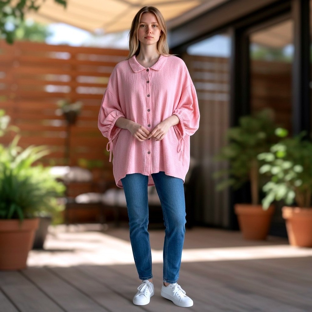 POL Pink Cotton Gauze Oversized Button Down Balloon Sleeve Tie Cuff Shirt Size M